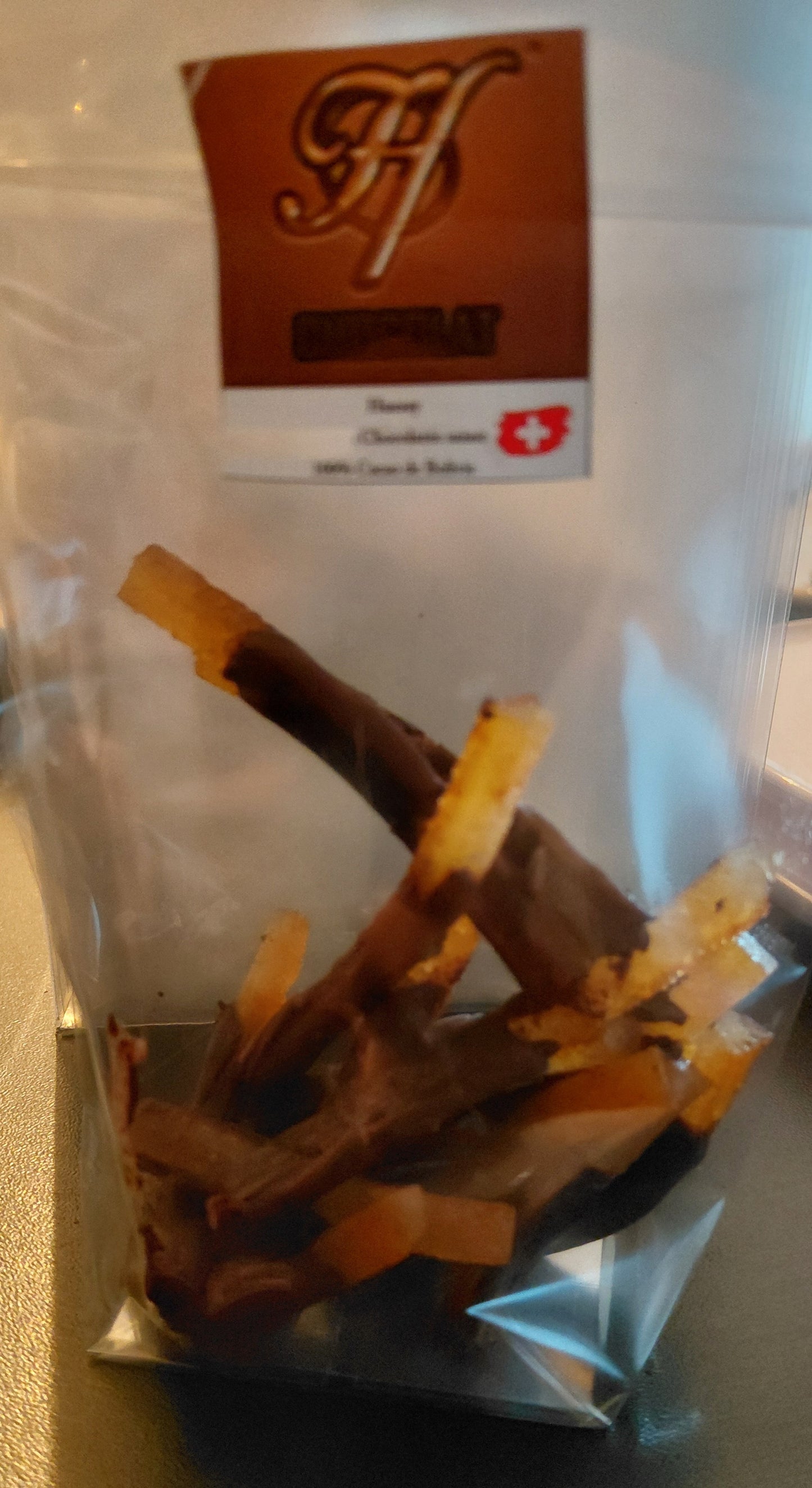 Dark chocolate on candied orange